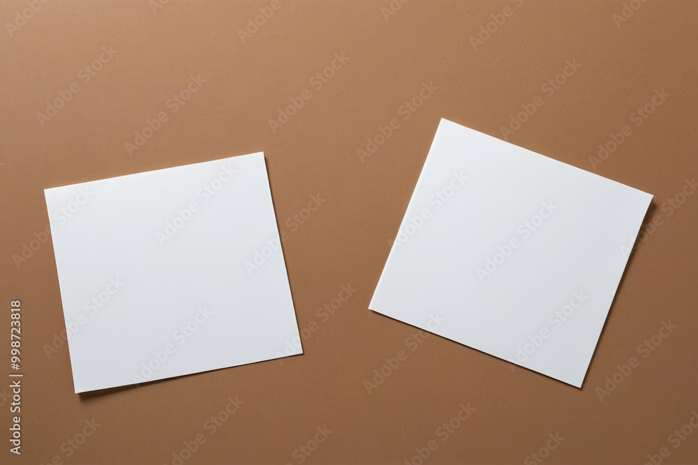 two white square papers on a brown surface two white square papers on a brown surface