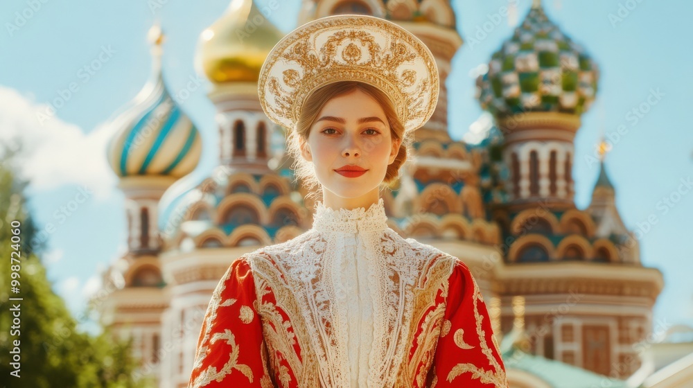 Fototapeta premium Traditional russian dress and kokoshnik in front of iconic architecture for cultural heritage poster