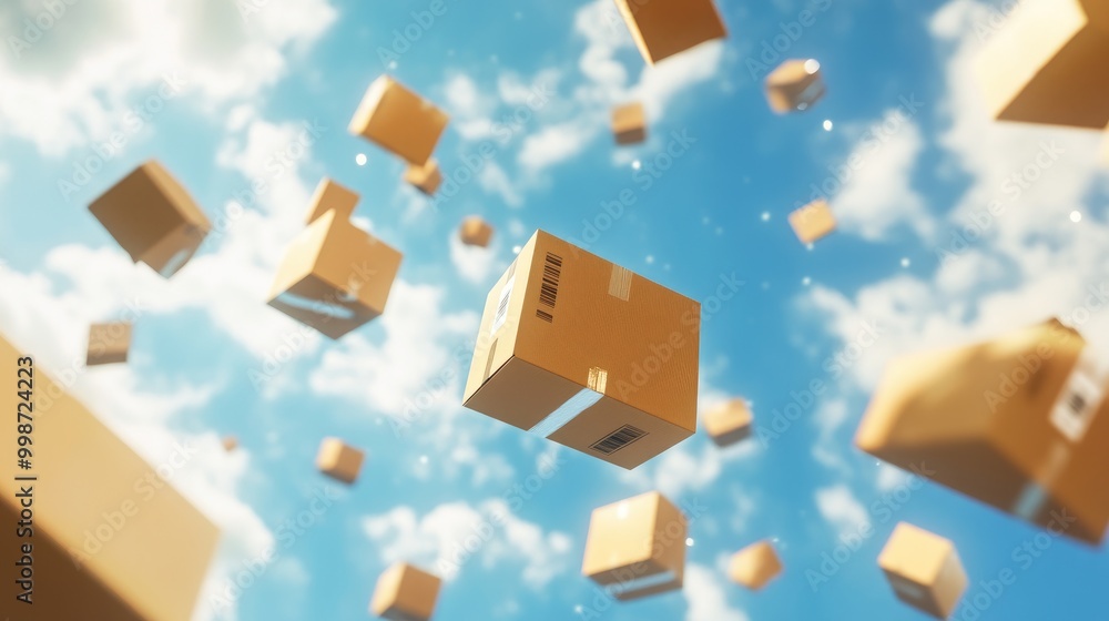 Numerous cardboard boxes falling through a blue sky with white clouds.