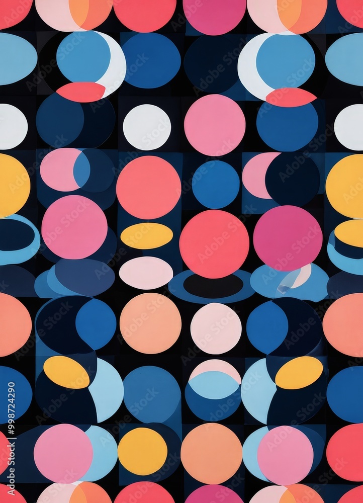 a repeating pattern of overlapping circles in various colors, including blue, pink, yellow, and orange, against a black background a repeating pattern of overlapping circles in various colors, including blue, pink, yellow, and orange, against a black background