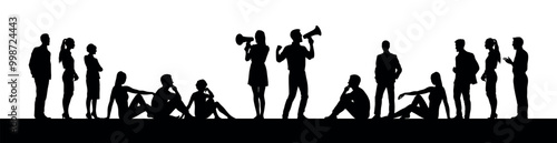 Group of protesters using megaphone speakers to talk to the public outdoor vector silhouette.