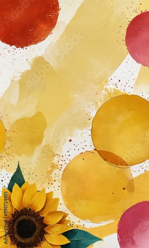 A vibrant abstract composition featuring a sunflower, splashes of red and yellow, and scattered dots, creating a warm and energetic visual effect photo