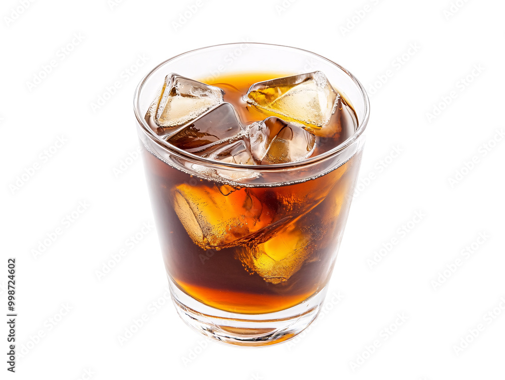 a glass of brown liquid with ice cubes a glass of brown liquid with ice cubes