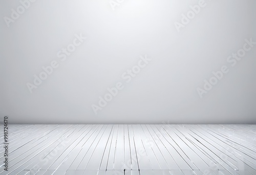 A white wooden floor with a diagonal pattern stretches out into the distance, leading to a plain white wall in the background photo