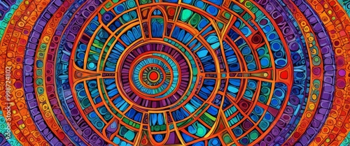 Wallpaper Mural a vibrant, abstract digital artwork featuring a circular pattern with concentric circles of varying sizes and colors, including shades of orange, blue, green, Torontodigital.ca