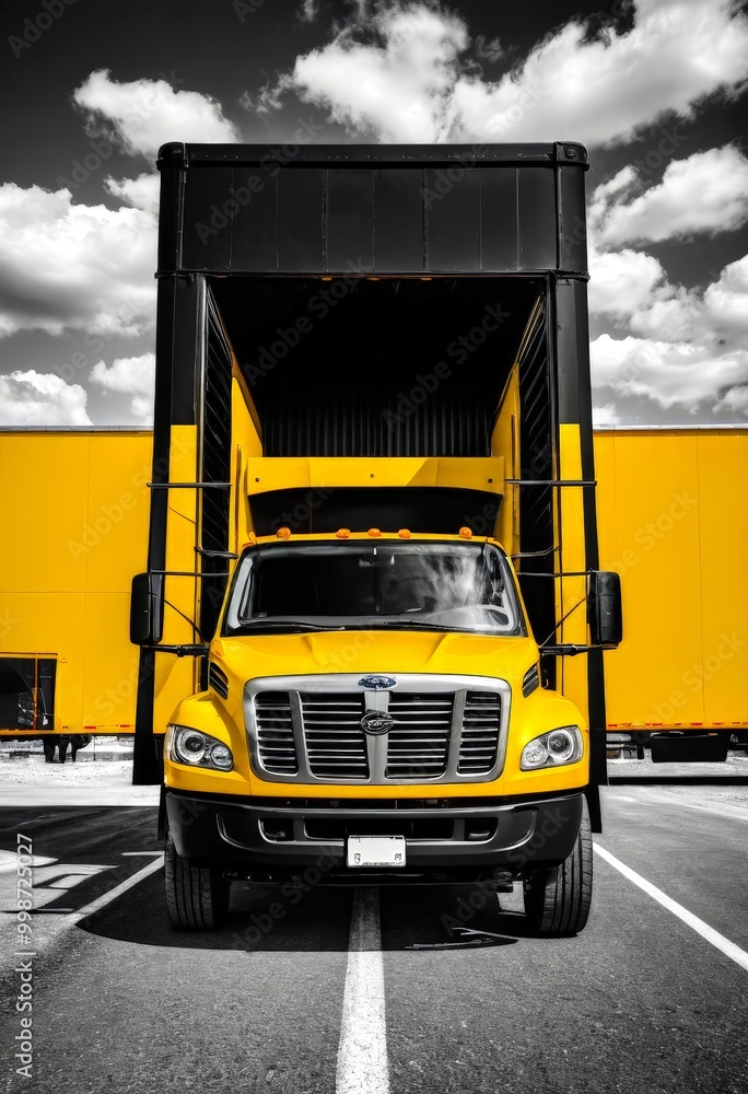 A yellow semi-truck with a black cab and trailer is parked in a lot, with a yellow building in the background and a cloudy sky above A yellow semi-truck with a black cab and trailer is parked in a lot, with a yellow building in the background and a cloudy sky above