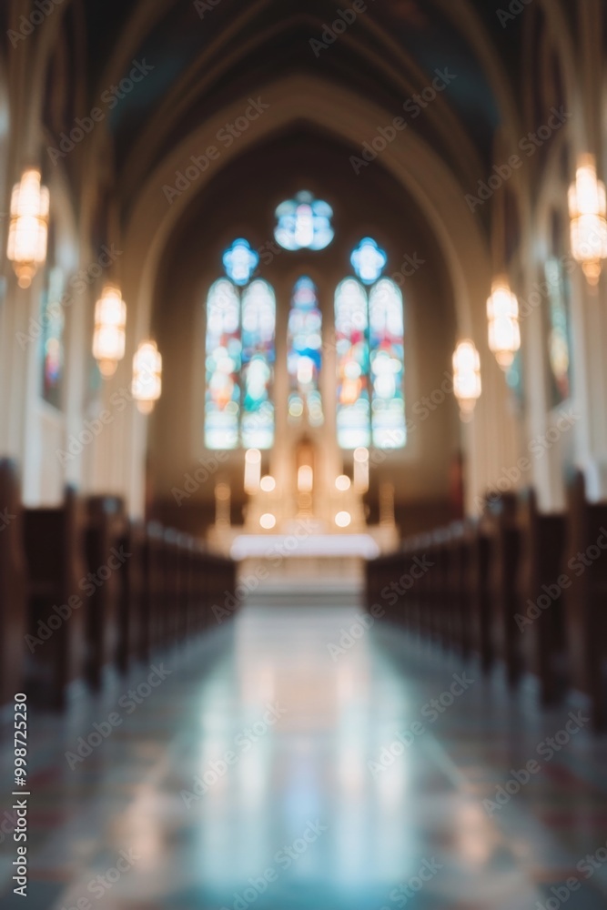 A dreamy, blurred background of an empty church interior, focusing on the altar and stained glass windows A dreamy, blurred background of an empty church interior, focusing on the altar and stained glass windows