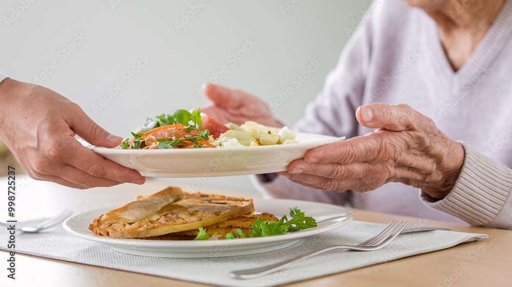 Closeup of elderly hands holding a plate with a nutritious, balanced meal consisting of a fresh green salad with carrot shreds and a slice of savory vegetable quiche. Closeup of elderly hands holding a plate with a nutritious, balanced meal consisting of a fresh green salad with carrot shreds and a slice of savory vegetable quiche.