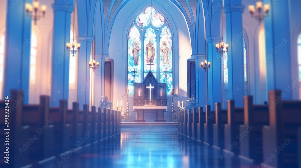 Blurred empty church background with soft focus on stained glass windows and altar, people in the foreground. Blurred empty church background with soft focus on stained glass windows and altar, people in the foreground.
