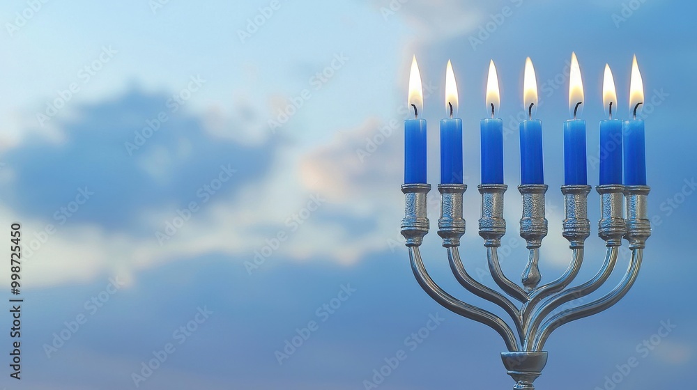 Menorah with Blue Candles at Sunset Menorah with Blue Candles at Sunset