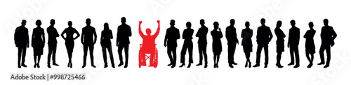 Handicapped man in wheelchair raising arms among diverse group of businessmen standing together silhouette.