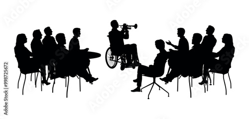 Handicapped man in wheelchair playing trumpet in front of audience group people silhouettes.