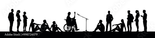 Handicapped young man on wheelchair busking playing guitar in public park outdoor vector silhouette.