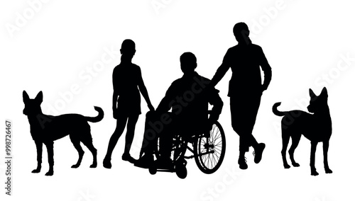 Husband in wheelchair poses with his wife and little daughter and two pet dogs front black silhouette. Family portrait with dogs front view silhouettes.