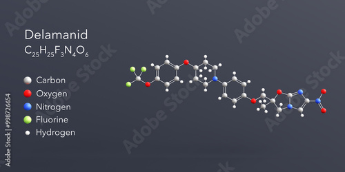 delamanid molecule 3d rendering, flat molecular structure with chemical formula and atoms color coding photo