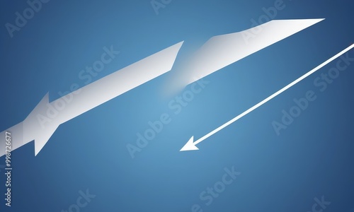 a white arrow pointing downwards, intersected by a white diagonal line, against a blue background photo