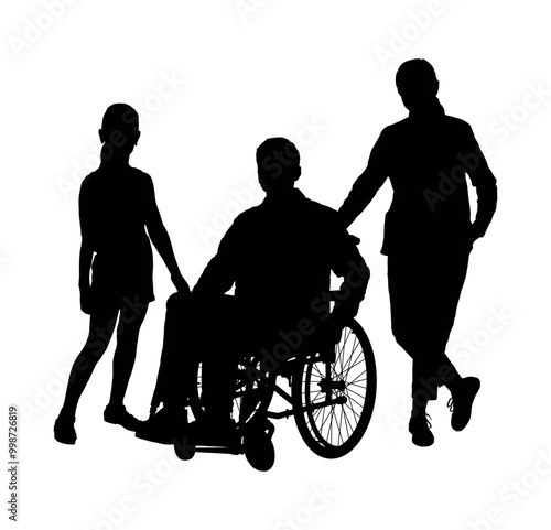 Man in wheelchair with woman and little girl support family front view portrait black silhouette.