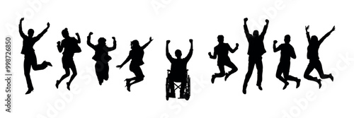 Happy disabled man on wheelchair raising hands with friends jumping together silhouette vector.