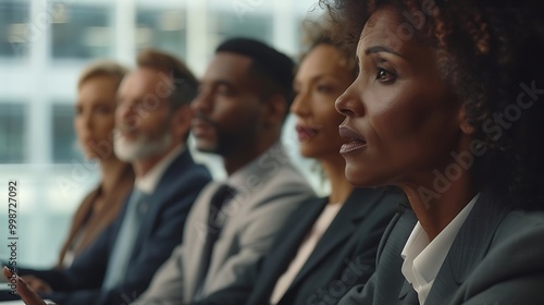 A diverse group of professionally dressed individuals engages in a meeting, showing focus and attentiveness in a modern office setting.