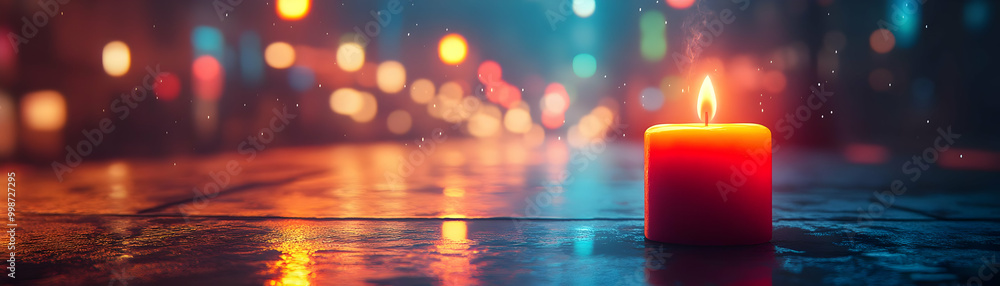 A Single Candle Burning Brightly Against a Blurry City Lights Background, Creating a Warm and Serene Atmosphere A Single Candle Burning Brightly Against a Blurry City Lights Background, Creating a Warm and Serene Atmosphere