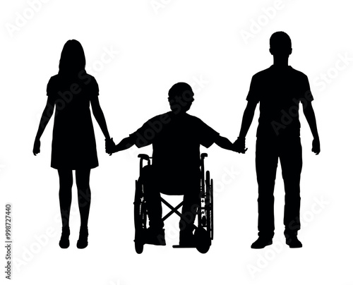 Man and woman holding hands and support their disabled friend in wheelchair silhouette.