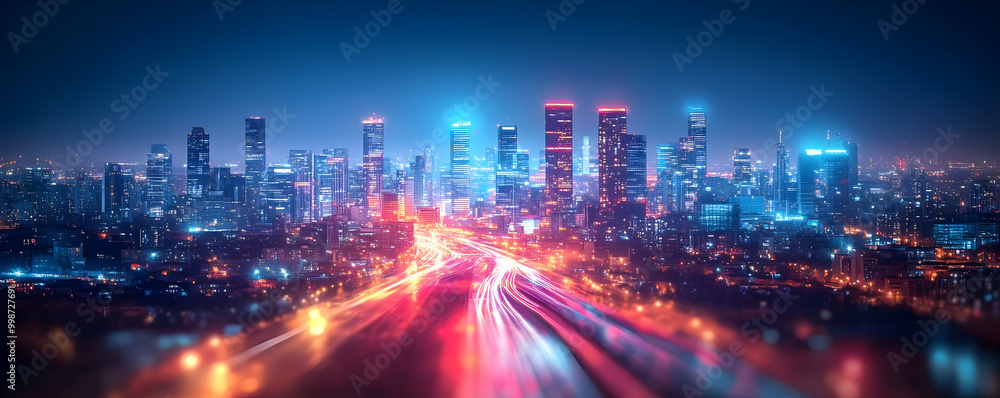 A Nighttime View of a City Skyline with Bright Lights and a Highway with Cars, Showing Speed and Movement in the City A Nighttime View of a City Skyline with Bright Lights and a Highway with Cars, Showing Speed and Movement in the City