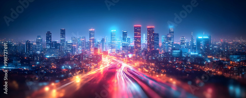 Wallpaper Mural A Nighttime View of a City Skyline with Bright Lights and a Highway with Cars, Showing Speed and Movement in the City Torontodigital.ca