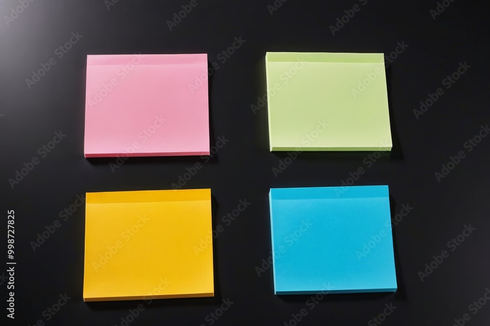 Fototapeta premium four different colored sticky notes are placed on a black surface