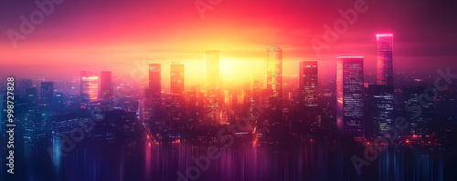 A Digital Art Illustration Depicting a City Skyline at Sunset with a Vivid Gradient Sky and Glowing Buildings