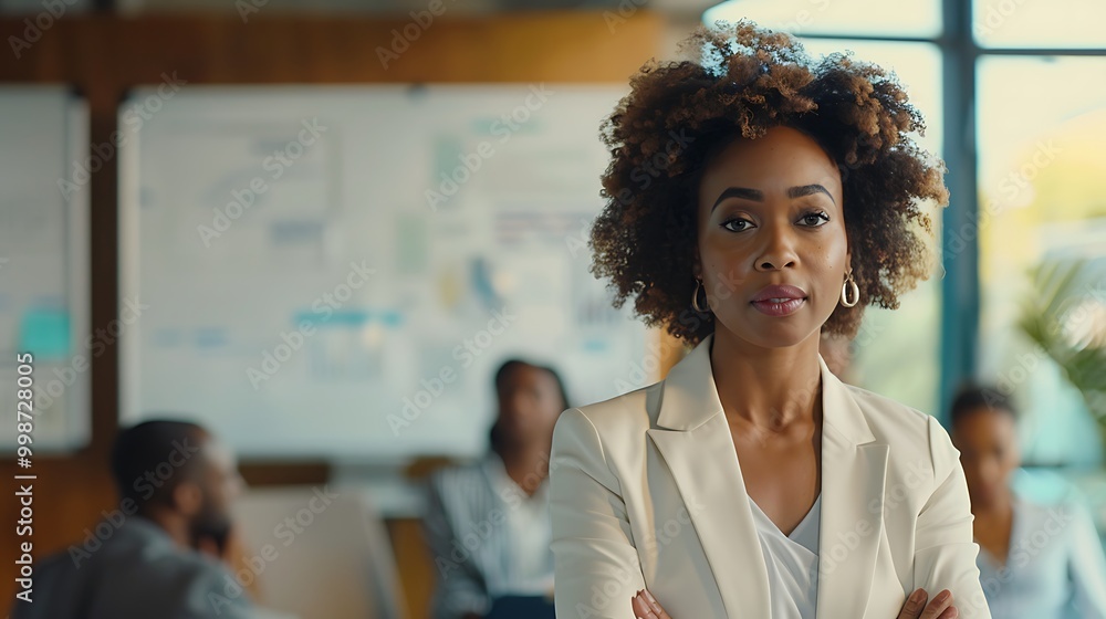 A confident woman stands in an office environment, engaging with colleagues amidst a backdrop of charts and discussions, showcasing leadership and professionalism. A confident woman stands in an office environment, engaging with colleagues amidst a backdrop of charts and discussions, showcasing leadership and professionalism.