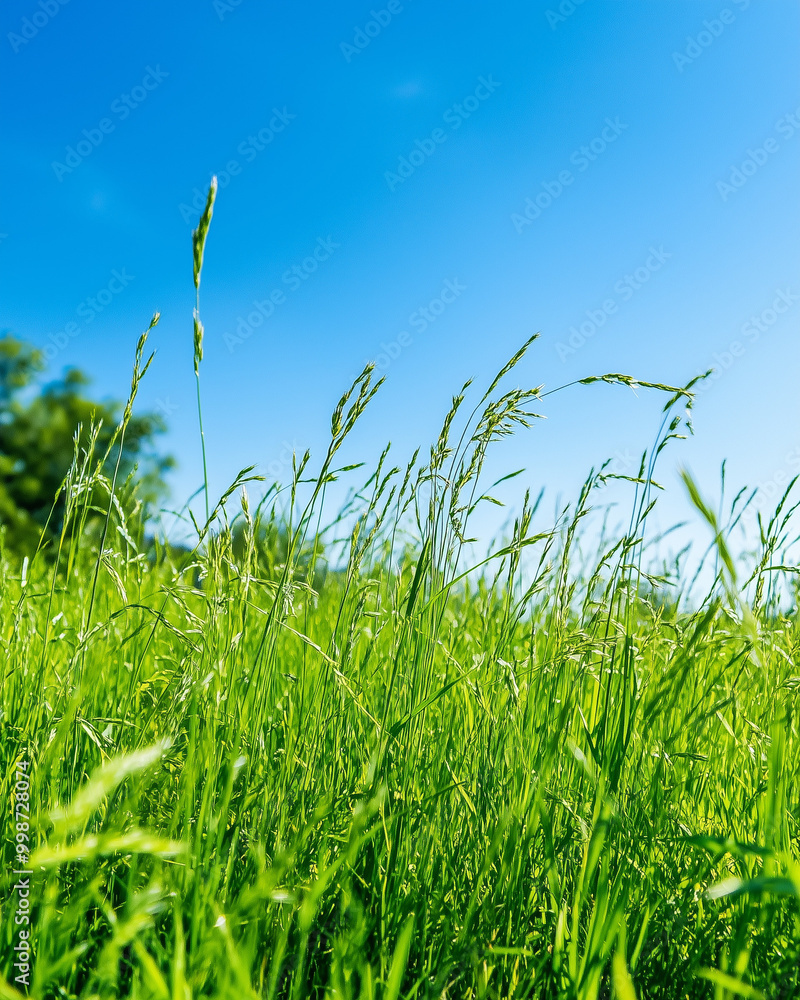 Obraz premium Fresh Green Grass Under Clear Blue Sky