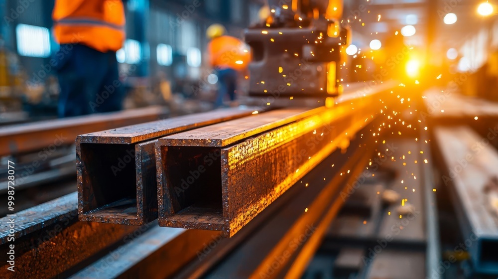 Steel beams and large metal structures being processed in a heavy-duty ...