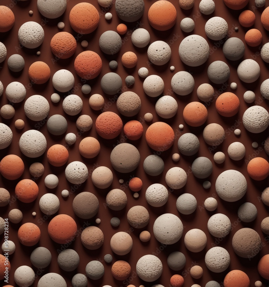 A collection of various spherical objects in shades of brown, orange, and beige, arranged in a random pattern against a dark brown background A collection of various spherical objects in shades of brown, orange, and beige, arranged in a random pattern against a dark brown background
