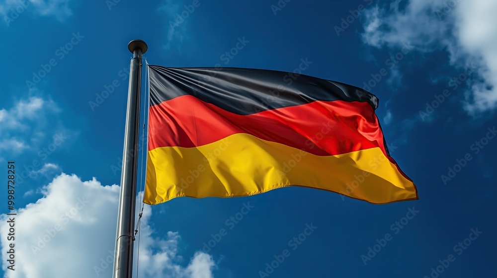 flagpole with German national flag against blue day sky with white clouds