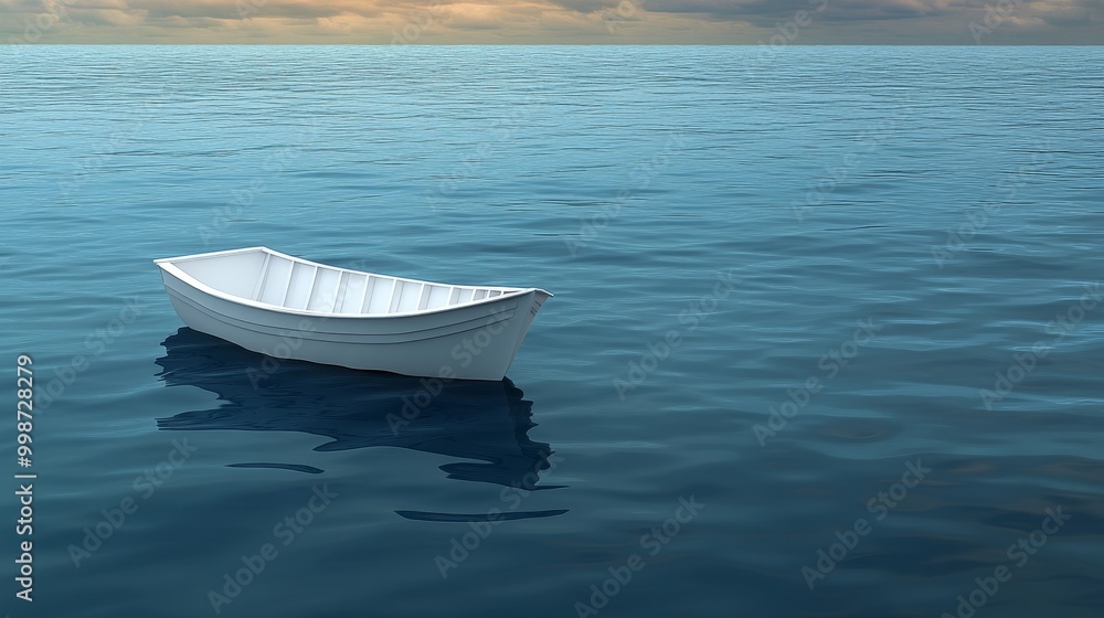 Naklejka premium A serene boat floats peacefully on calm blue water, reflecting the sky and surrounded by tranquility.