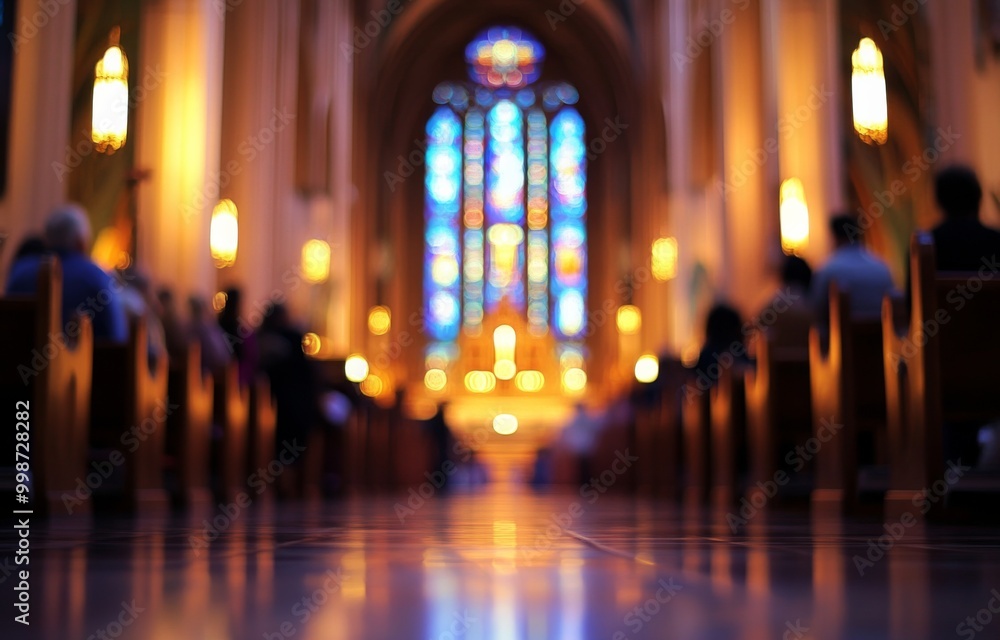 Blurred empty church background with soft focus on stained glass windows and altar, people in the foreground. Blurred empty church background with soft focus on stained glass windows and altar, people in the foreground.