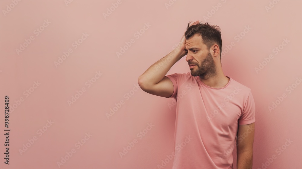 Frustrated consumer holding head, staring at blank wall with confused expression, isolated on neutral background, conveying consumer frustration and confusion. Frustrated consumer holding head, staring at blank wall with confused expression, isolated on neutral background, conveying consumer frustration and confusion.