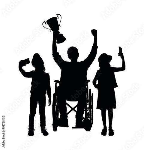 Man in wheelchair holding winning trophy with his little daughters taking selfie together silhouette.
