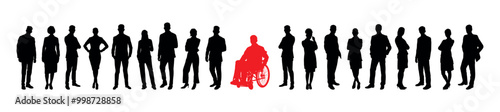 Man in wheelchair in red colour silhouette sits among group of people crowd standing in black colour silhouettes.
