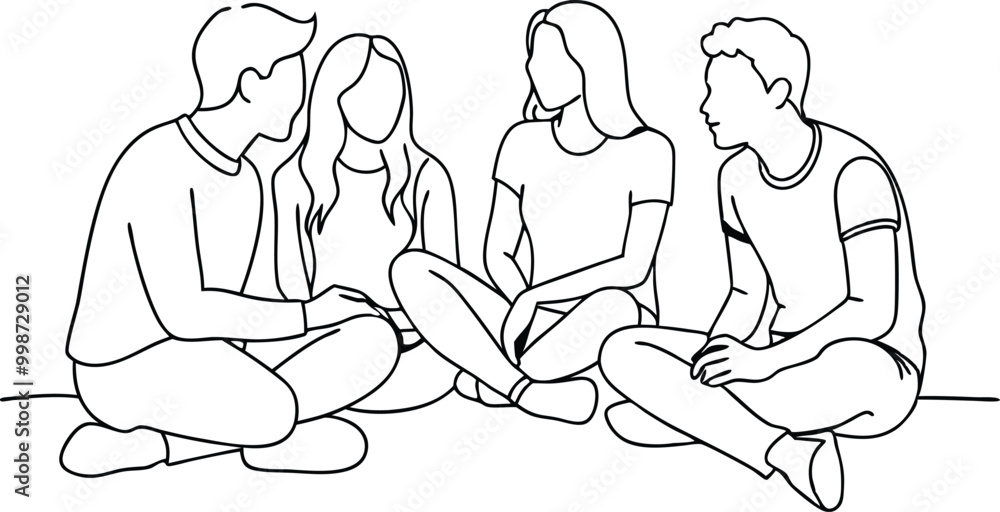 Friends rest and communicate, Group of young people sitting on ground together and talking continuous single line drawing Friends rest and communicate, Group of young people sitting on ground together and talking continuous single line drawing
