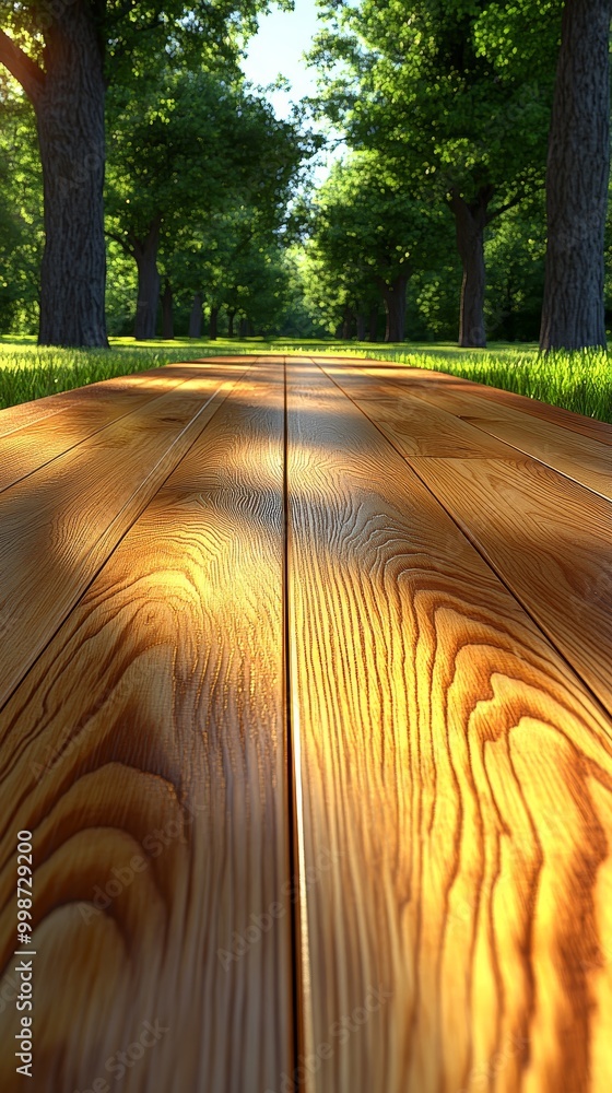 Fototapeta premium A serene path lined with trees, showcasing the beauty of nature and wooden planks under soft sunlight, inviting relaxation.