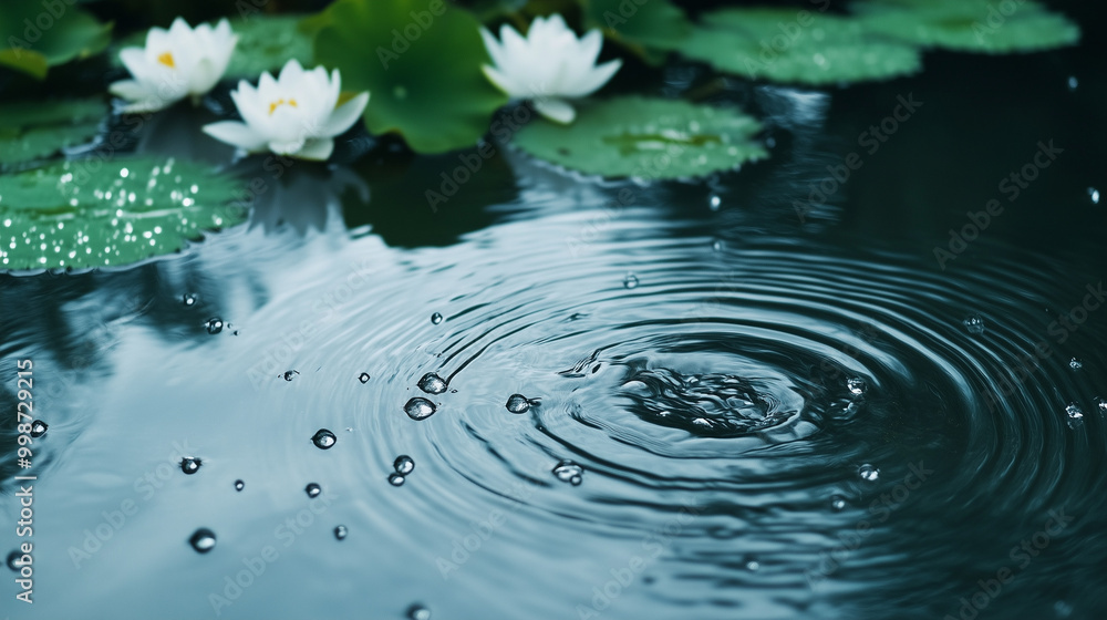 Tranquil Rainy Day with Raindrops on Water Surface Tranquil Rainy Day with Raindrops on Water Surface