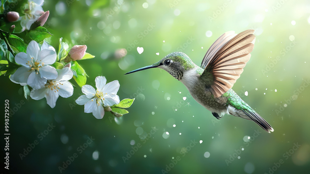 Naklejka premium A graceful hummingbird mid flight, showcasing its detailed wings as it approaches delicate white flowers. vibrant green background adds serene and enchanting atmosphere