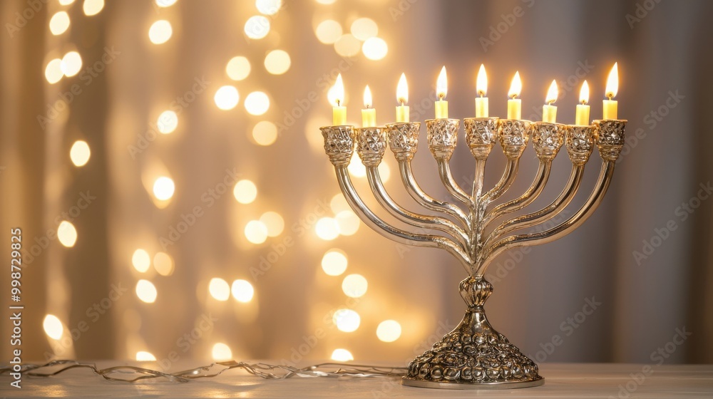 Fototapeta premium Menorah with Lit Candles and Bokeh