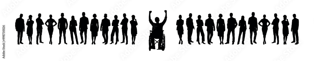Man in wheelchair raising arms in front of group of people standing in row in black silhouettes. Disabled young man celebrating his success vector silhouette. Man in wheelchair raising arms in front of group of people standing in row in black silhouettes. Disabled young man celebrating his success vector silhouette.