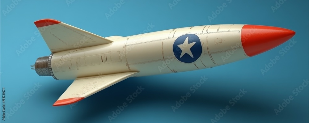 A sleek model rocket with a red tip and a blue star logo, perfect for science fiction themes and education settings. A sleek model rocket with a red tip and a blue star logo, perfect for science fiction themes and education settings.
