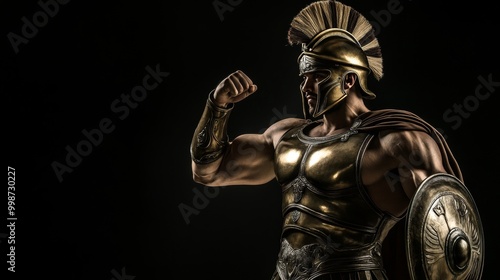 Ancient warrior in bronze armor flexing muscles holding shield, dark background. Detailed and dramatic historical photography. Generative AI