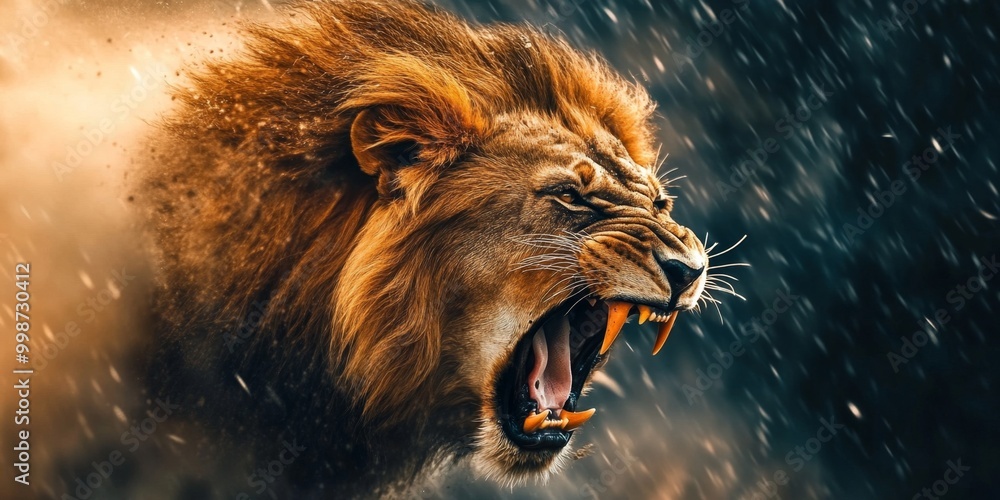 Naklejka premium Roaring male lion. An angry lion with an open mouth. expression of anger. Portrait of a big male lion with open mouth.