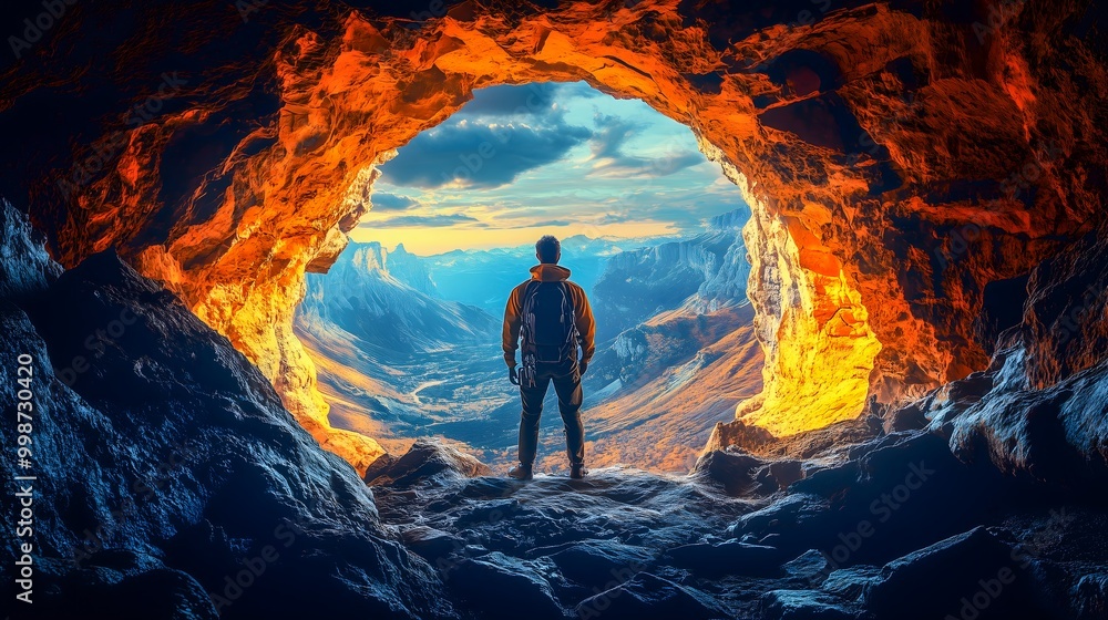 lone explorer standing at the entrance to a cave that overlooks a mountain range lone explorer standing at the entrance to a cave that overlooks a mountain range