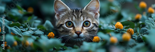 A Close-Up of a Tabby Cat's Face Peeking Through Green Foliage with Yellow Flowers